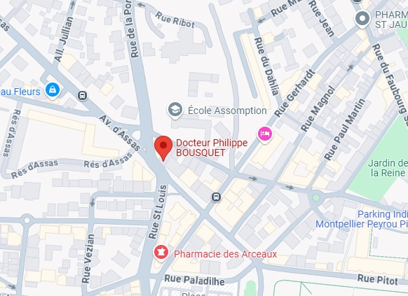 Carte situant Docteur Philippe BOUSQUET près Av. d'Assas & Rue St Louis, avec Pharmacie des Arceaux et École Assomption à proximité.