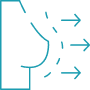 Diagramme stylisé d'un flux sortant: trois flèches émergent d'une ouverture courbe près d'une barrière latérale.