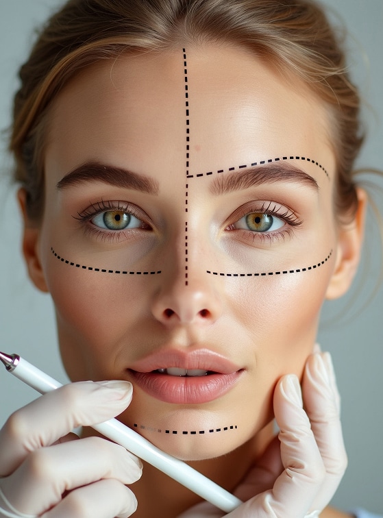 Préparation esthétique: visage de femme avec marquages pour injections ou chirurgie, main gantée tenant un stylo.